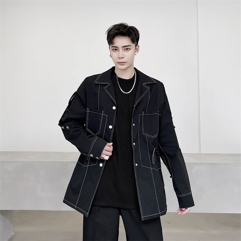 新款秋冬明线装饰腰抽绳口袋韩版翻领中长外套男A345-161-P115,女装短外套,电商A345