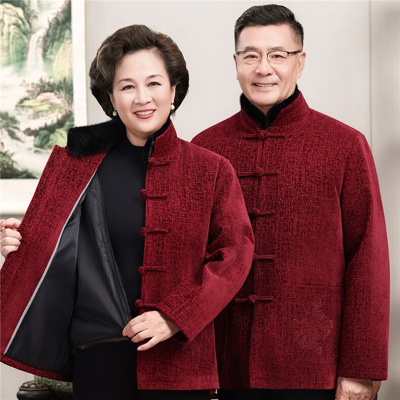 主推情侣毛领加绒中老年唐装外套爸爸妈妈喜庆生日婚宴风外套,男装民族服装,钱塘723