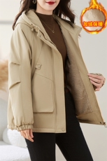 卡其色工装派克服棉服女2025冬季新款小个子宽松连帽加绒加厚外套，女装棉衣/棉服，慕咨