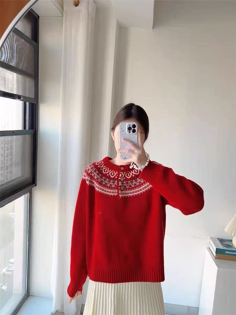 7针纯毛新年圣诞提花款2025年秋季套头针织衫,女装羊毛衫,百纯羊绒