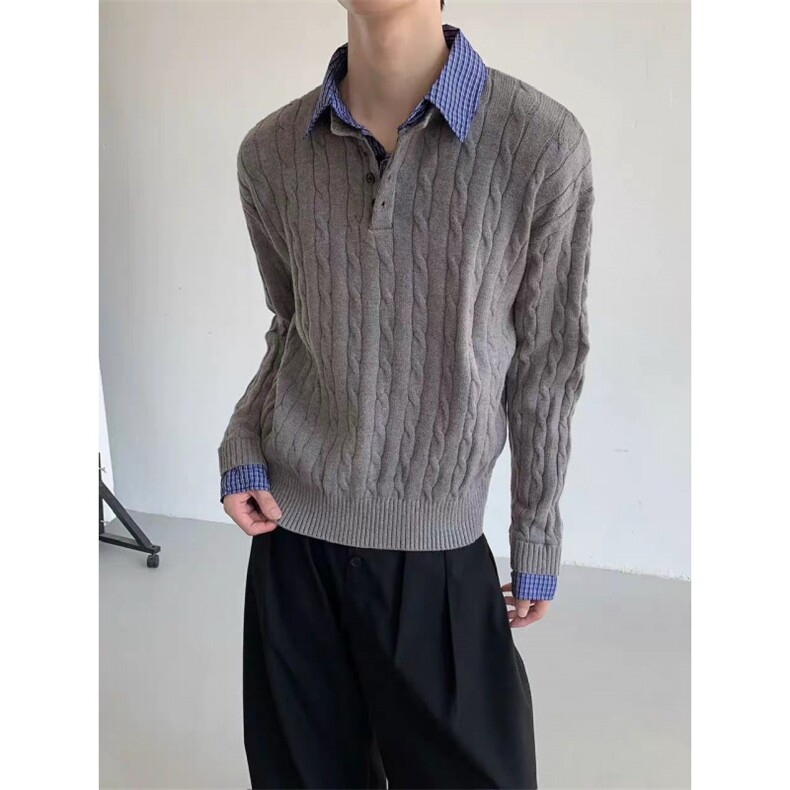 现货假两件衬衫领毛衣翻领针织衫M8612-P70图片