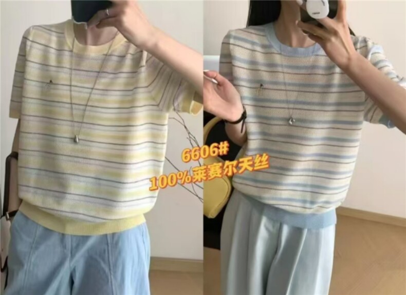 莱赛尔天丝条纹圆领短袖上衣女时尚百搭,女装T恤,东正羊绒