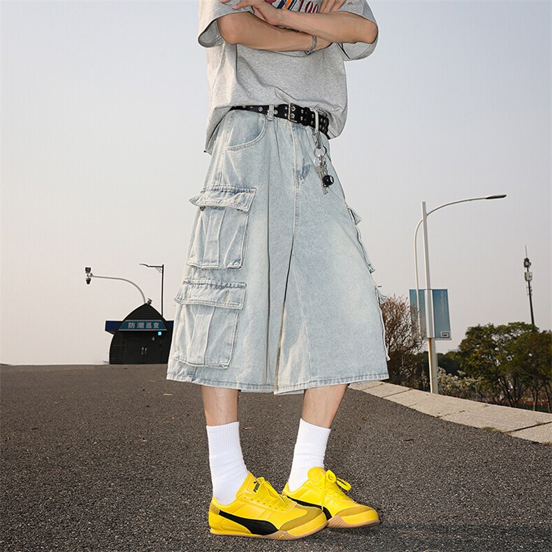 美式夏季做旧水洗牛仔短酷男痞帅宽松多口袋五分裤潮DK01142-P50图片