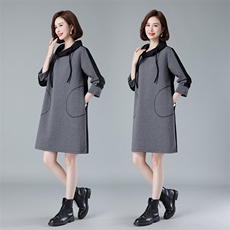 现货2023秋季宽松大码撞色连帽长袖中长款连衣裙，女装连衣裙，深水步