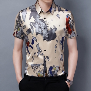 夏季新款中年男士短袖衬衫商务休闲时尚工装纯色百搭印花男装衬衣图片
