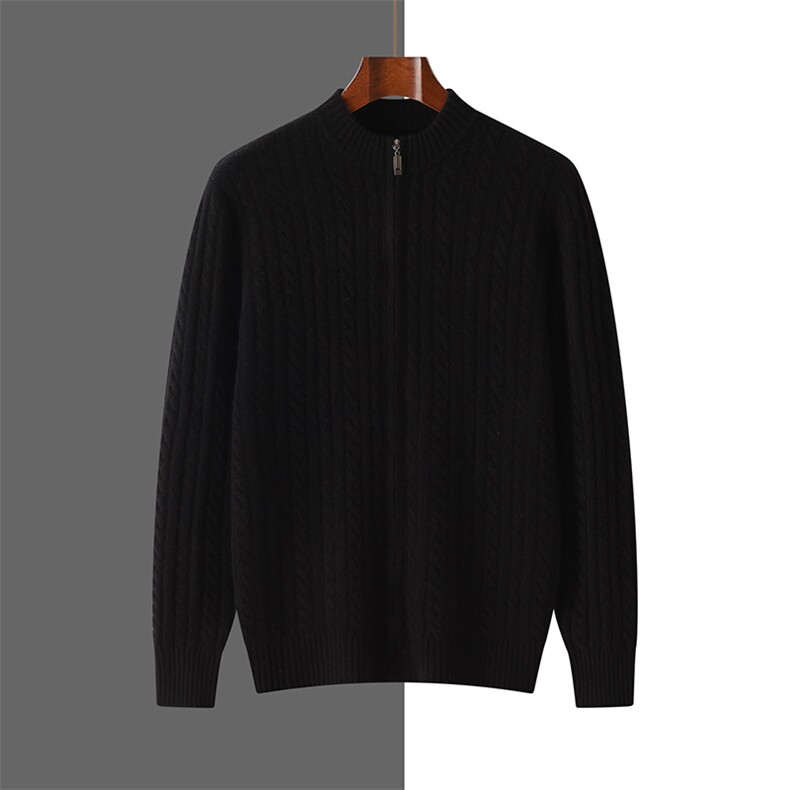 秋季新款男士套头圆领加厚全身麻花拉链开衫，男装羊绒开衫，隆格羊绒