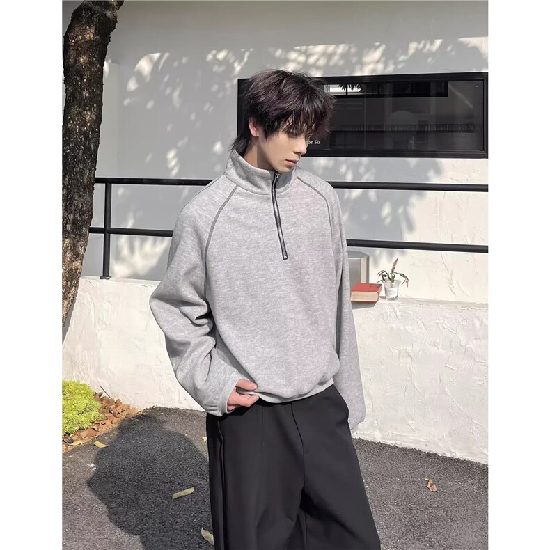现货 慵懒复古半高领拉链卫衣男女宽松解构外套W53特P45图片