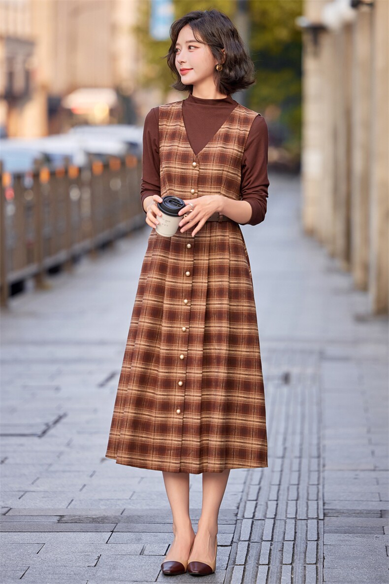 长袖格纹连衣裙女2025新款春秋气质高级感格子小香风背心裙套装,女装套装/套裙,意芙