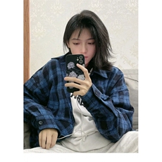 春秋新款蓝色格子衬衫松弛感男女宽松复古简约小刺绣长袖薄外套，男装衬衫，星座506A