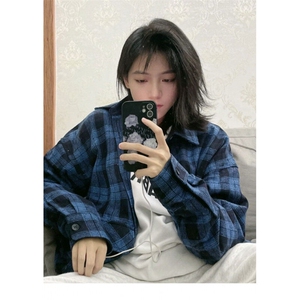 春秋新款蓝色格子衬衫松弛感男女宽松复古简约小刺绣长袖薄外套图片