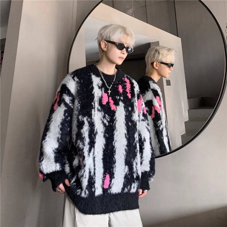1506/QY150/P62扎染撞色毛衣男款慵懒风宽松青少年针织衫外套，男装针织衫/毛衣，星座1506