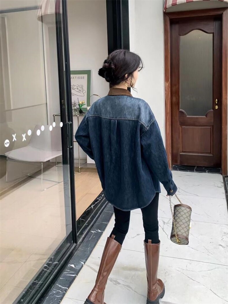 爱美欧现货撞色领加绒牛仔衬衣，其它，爱美欧