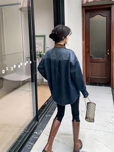 爱美欧现货 撞色领加绒牛仔衬衣图片