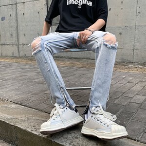 牛仔裤男夏季潮大码休闲裤子高街设计感裤子N745P46图片