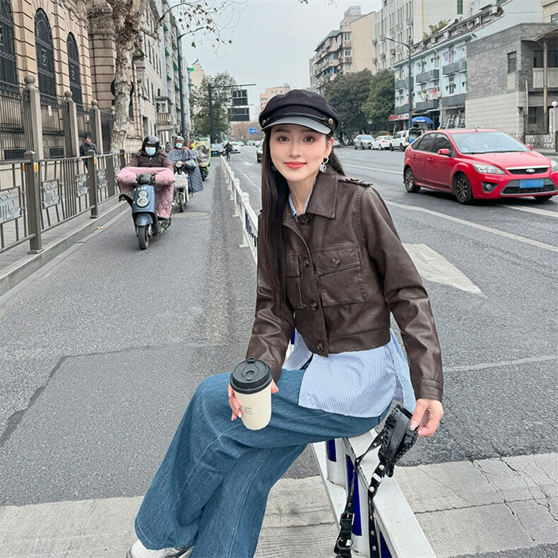 网红同款欧货2024秋季新款复古泫雅风甜酷独特小众时尚羊皮外套女,女装皮衣,江南女神
