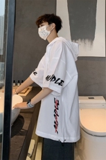 豆绿色短袖男夏季薄款美式纯棉衣服t恤潮牌大码宽松连帽半袖外套，男装T恤，电商A020