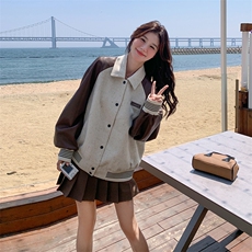 美式复古拼皮棒球服外套女2025新款春季高级感小个子机车夹克上衣，女装短外套，2C088