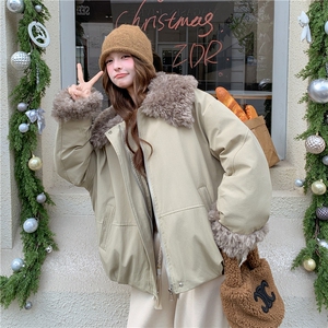 羊羔毛拼接派克棉服女冬超火好看高级感加厚工装羽绒棉衣棉袄外套图片