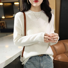 秋冬季纯澳毛七针加厚女士挑空圆领海波纹羊毛衫，女装羊毛衫，君贝羊绒