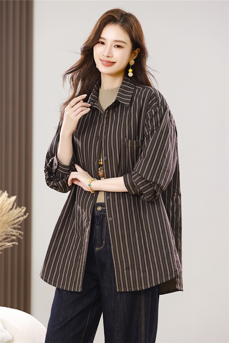 2025秋冬新款条纹加棉衬衫外套厚款,女装衬衫,小林双子