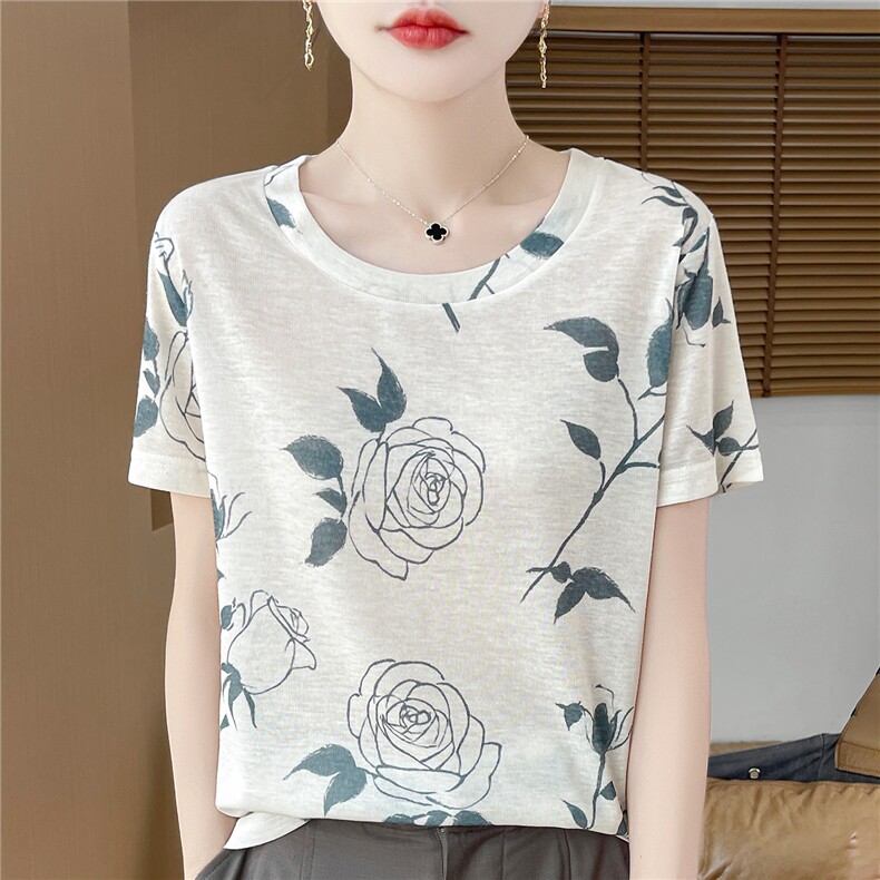 印花设计莱赛尔针织短袖T恤女圆领百搭短袖背心25新款针织打底，女装T恤，朝贺羊绒