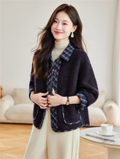 2025年冬季格子拼接羊羔毛上衣皮毛一体外套，女装羊羔毛/颗粒绒，简韵佳