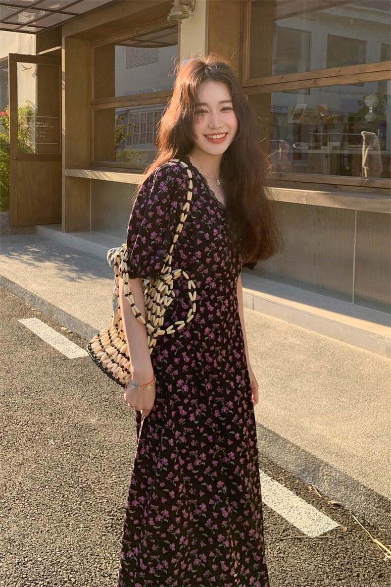 法式黑色碎花连衣裙茶歇女夏季2025新款收腰显瘦气质长裙,女装连衣裙,2C229