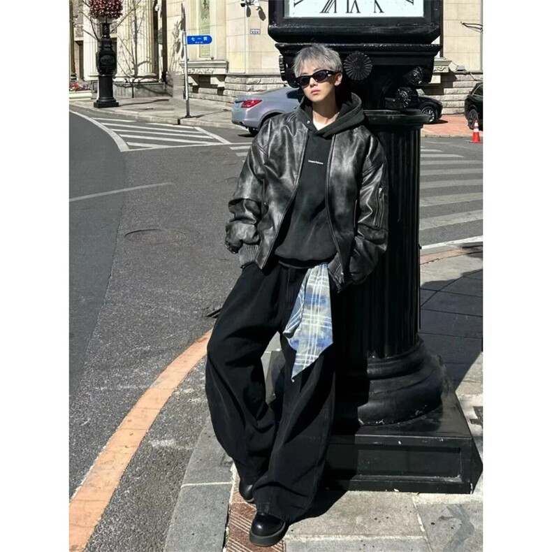 美式复古拉链可拆卸方巾牛仔裤女2025春季褶皱设计感高腰弯刀裤子,男装牛仔裤,星座506A