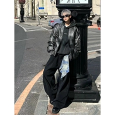 美式复古拉链可拆卸方巾牛仔裤女2025春季褶皱设计感高腰弯刀裤子，男装牛仔裤，星座506A