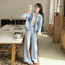 蓝色学院风休闲运动套装女秋2025新款显瘦连帽开衫卫衣卫裤两件套，女装套装/套裙，2C198