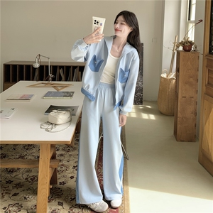 蓝色学院风休闲运动套装女秋2025新款显瘦连帽开衫卫衣卫裤两件套图片