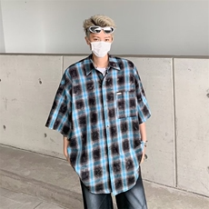 复古做旧短袖格子衬衫男宽松夏季潮流休闲衬衣外套潮CJ09，男装衬衫，星座1116A-1（原606A）