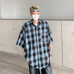复古做旧短袖格子衬衫男宽松夏季潮流休闲衬衣外套潮 CJ09图片