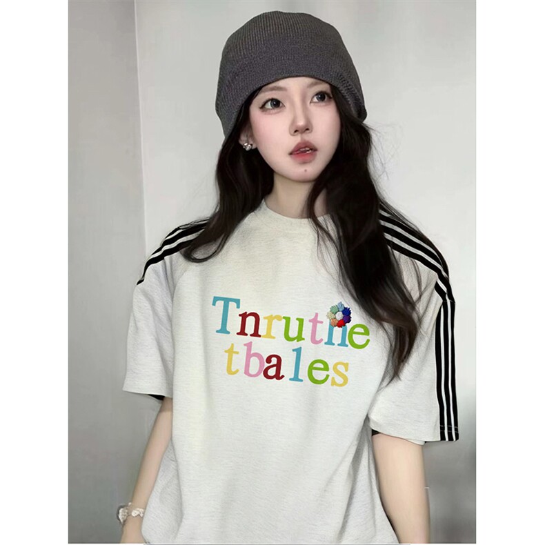 抖音得物品质二开240克宽松纯棉美式潮牌印花三条杠中性风短袖T恤,男装T恤,电商A486-1