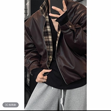 秋冬复古格子拼接加棉机车皮衣夹克棉外套男潮JK2377-P145网图，男装夹克，电商B267