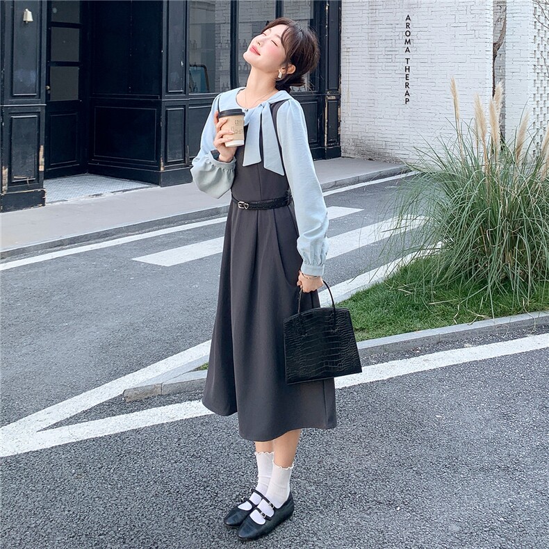 现货2026春装新款学院风文艺气质修身收腰连衣裙女送皮带，女装连衣裙，苗苗