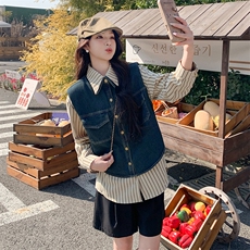 复古牛仔马甲套装女2025年春季新款小个子宽松休闲条纹衬衫两件套，女装套装/套裙，2C261