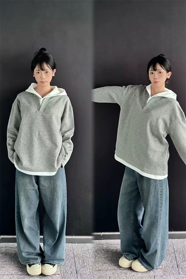 【网图】假两件连帽纽扣卫衣日系休闲宽松ins风潮牌外套HY709TP48,女装短外套,电商A102B