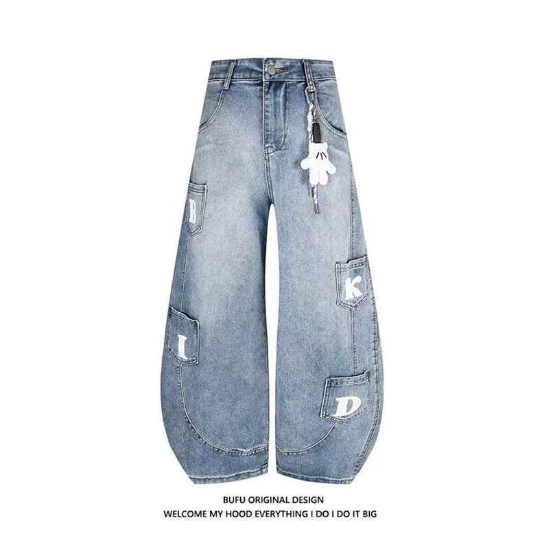 1506/G89030/P55美式复古字母印花口袋弯刀装牛仔裤阔腿长裤，男装牛仔裤，星座1506A
