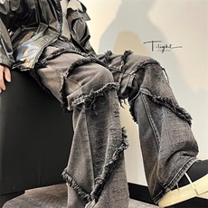 常规中腰长裤潮青少年美式复古水洗拼接毛边牛仔裤男直筒微弹春秋，男装休闲裤，星座1013