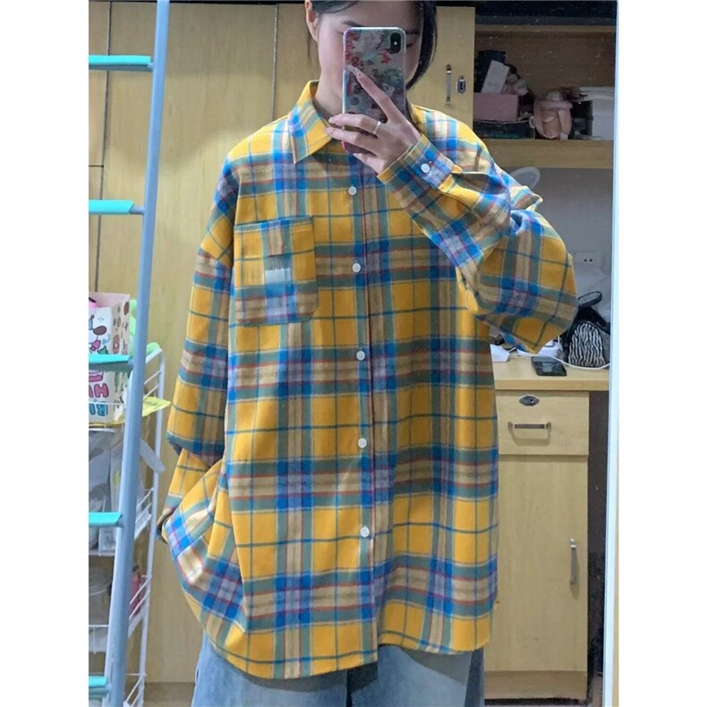 春夏黄色格子长袖衬衫男友风宽松情侣休闲外套男女潮牌601-1-AC03图片