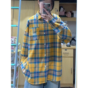 春夏黄色格子长袖衬衫男友风宽松情侣休闲外套男女潮牌601-1-AC03图片