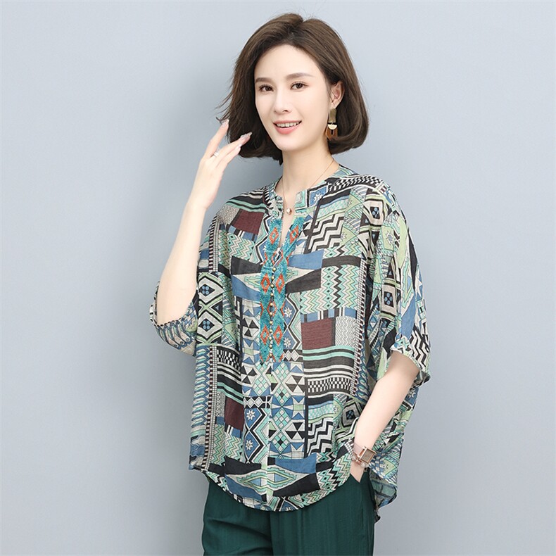 叶笙衣夏季宽松显瘦民族风印花T恤女短袖上衣大码女装休闲百搭,女装T恤,叶笙衣