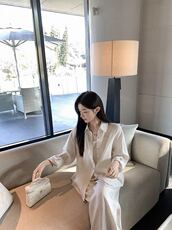 老钱风抓皱光泽肌理衬衫防晒衬衫+阔腿直筒裤套装，女装套装/套裙，湘姗