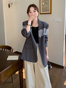 灰色休闲西装套装裙女小个子蕾丝拼接2025春季新款韩系减龄百褶裙图片