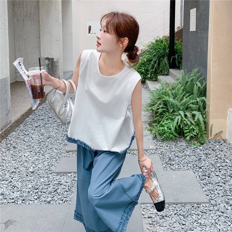 韩版温柔甜美木耳边背心套装女2025夏季新款显瘦撞色阔腿裤两件套,女装套装/套裙,慧尚2-185