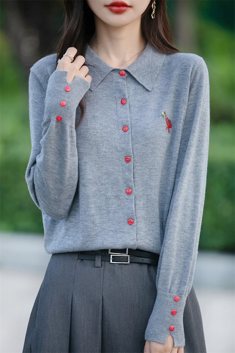 POLO领针织开衫女2025春季新款钉珠刺绣显瘦衬衣领高级感软糯毛衣,针织衫/毛衣,佳绒包芯纱店