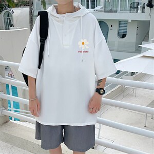 LD54059-P45 连帽短袖t恤男大码胖子带帽五分袖中袖图片