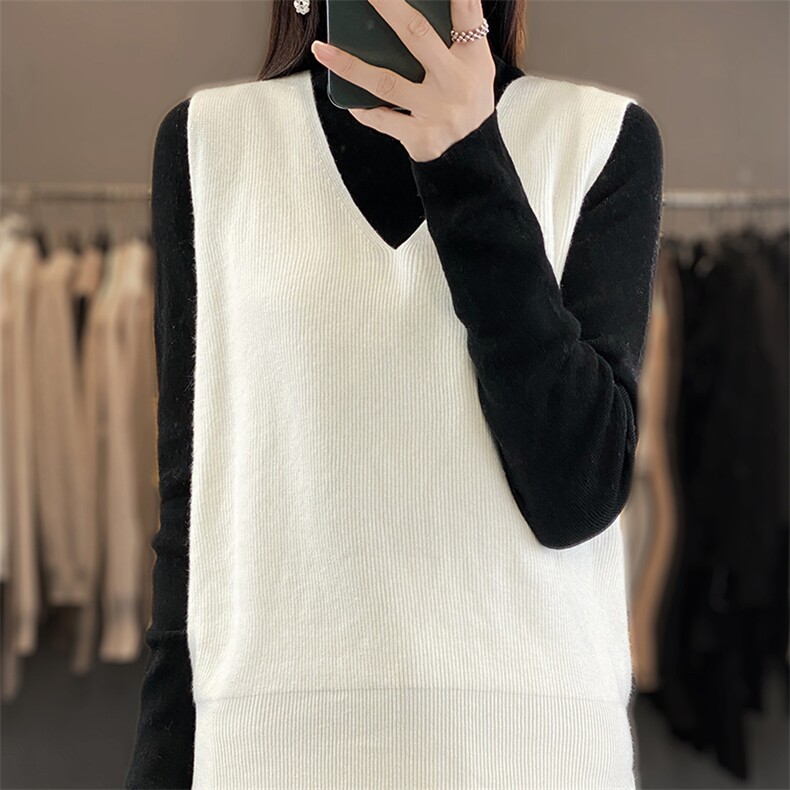 韩版时尚简约百搭安迪绒元宝针马甲V领针织,女装马甲,思牵羊绒