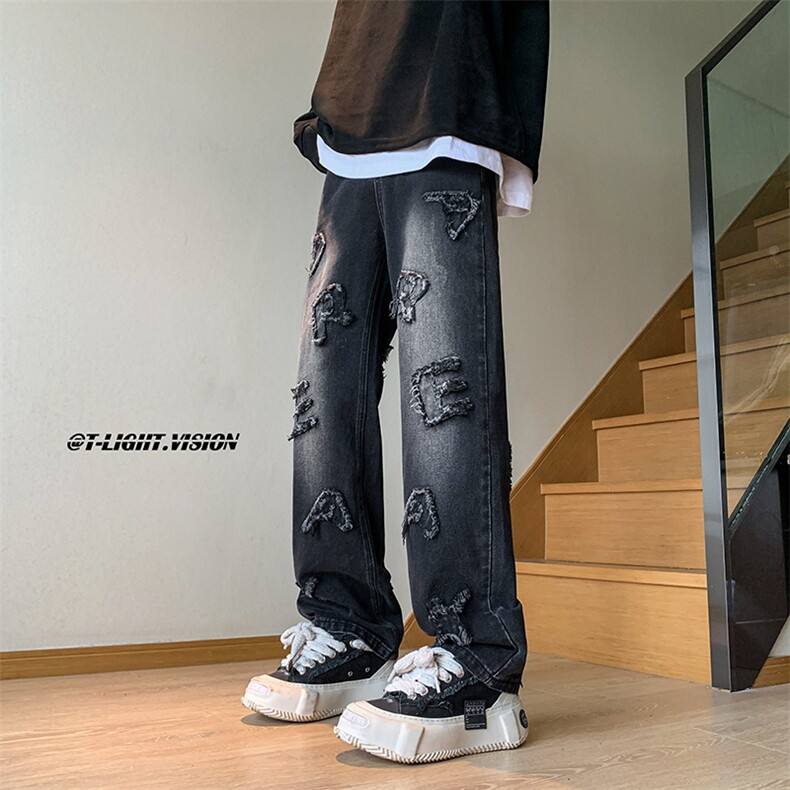B221 美式ins高街小众立体毛边字母直筒牛仔裤 LK23025-P60 控78图片
